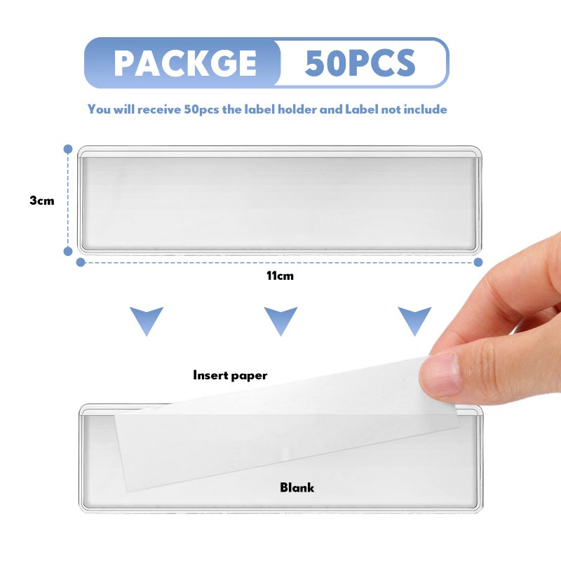 Epakh Label Holders Adhesive Shelf Tag 1.2 x 4.3 Inch Clear Shelf Tag Index Card Pockets Plastic Drawers File Cabinet Storage Bins Label Holder for Supermarket Bookshelf Mailbox Business Kitchen (50 Pack) - Image 2